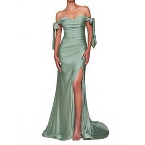 NEW LADIVINE high-slit jersey evening modest prom dress in dark sage